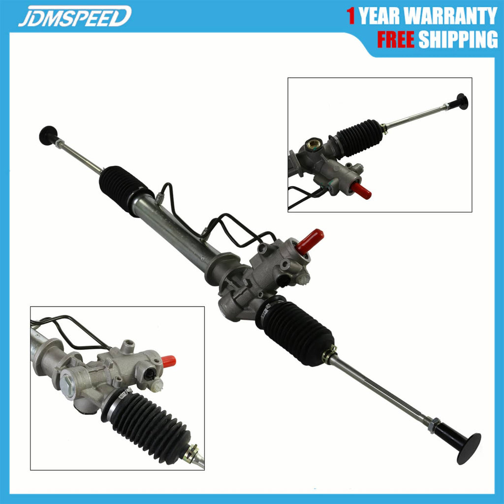 Power steering rack and pinion assembly with black boots, gray housing, and tie-rod ends