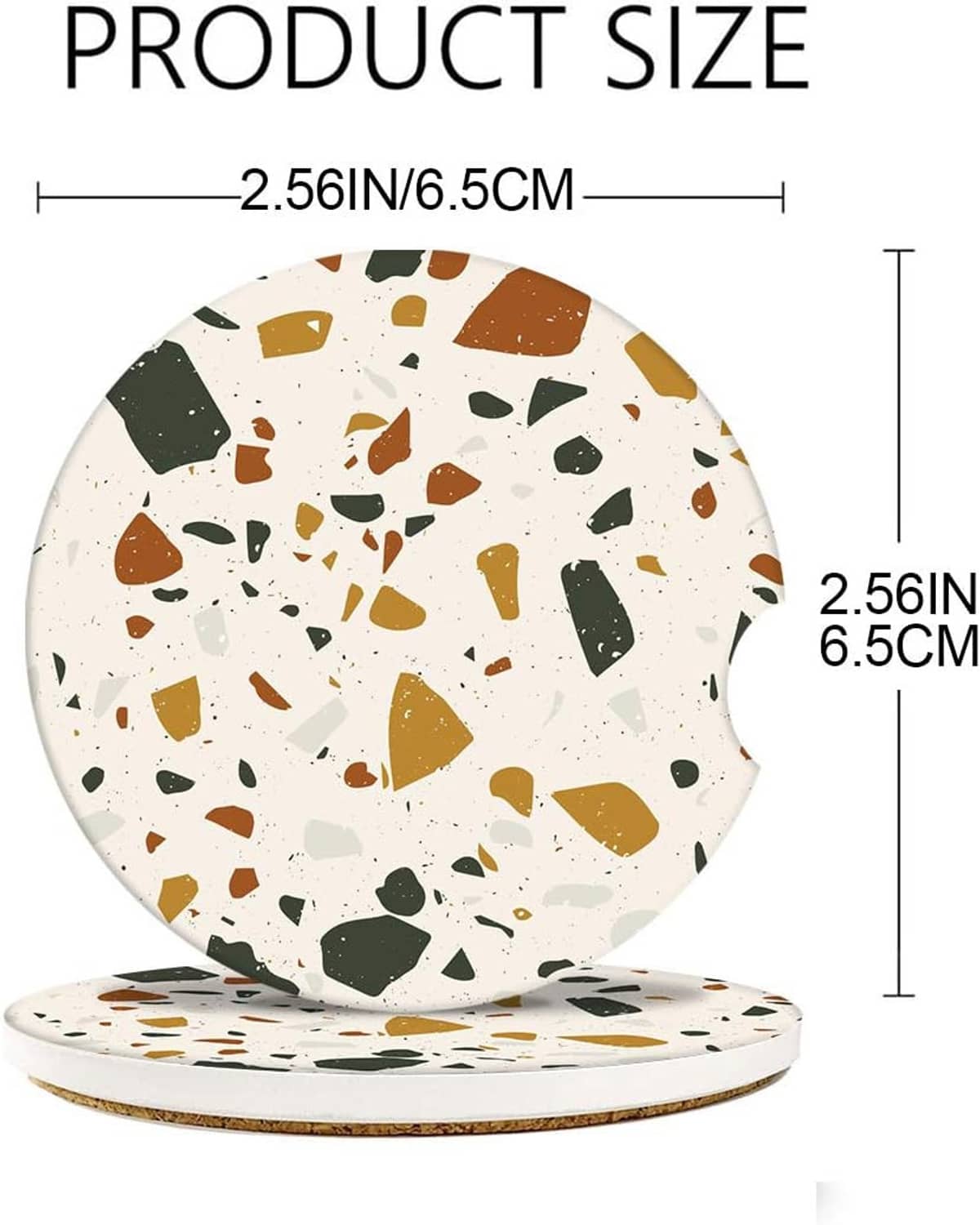 Round ceramic car coaster set with speckled terrazzo design, size shown 2.56 in
