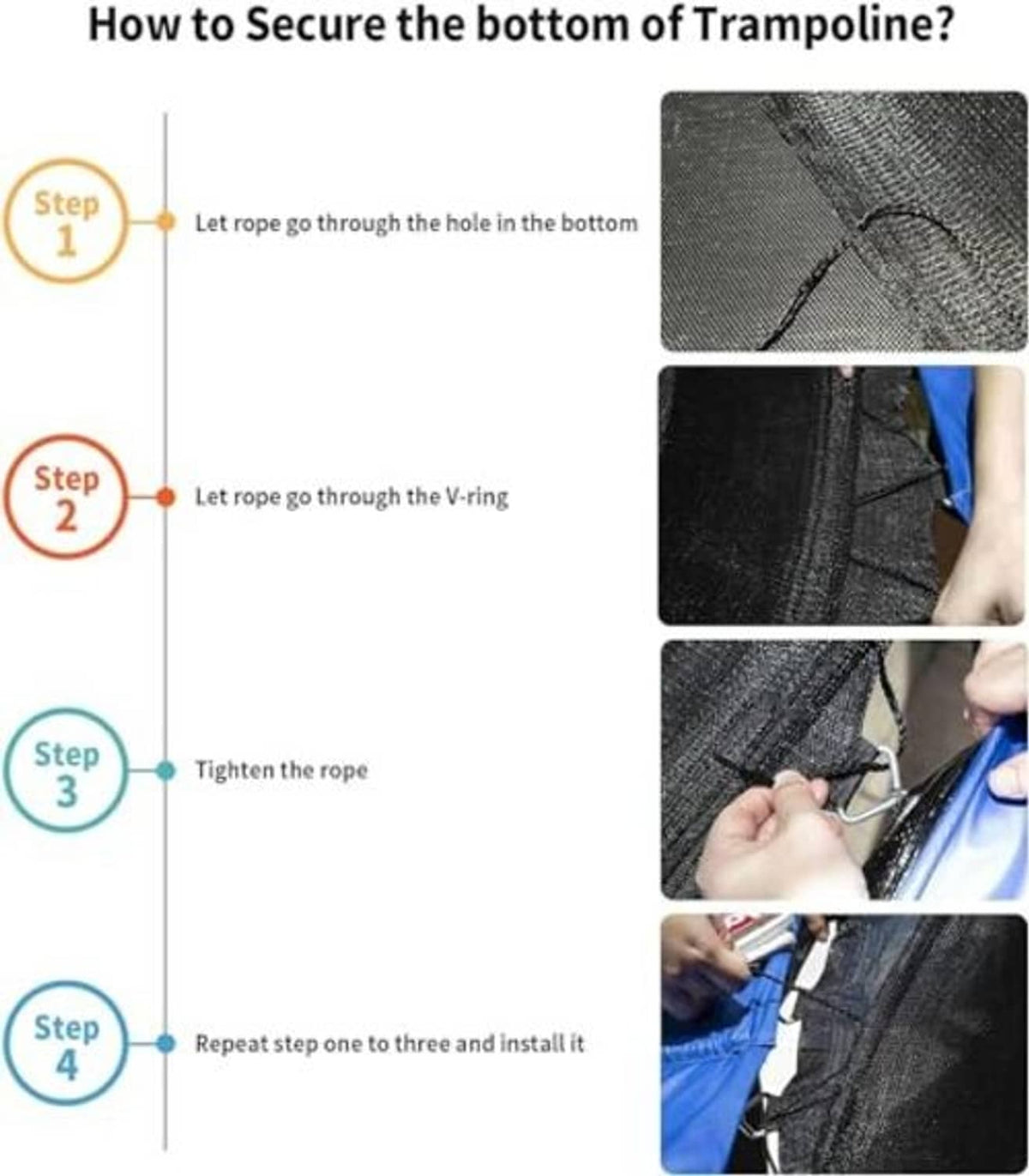 Trampoline replacement safety net bottom secured with rope through mesh and V-ring