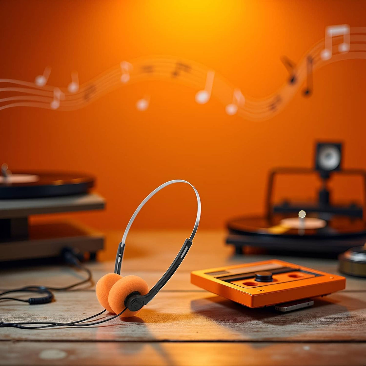 Orange over-ear headphones with foam ear pads resting on a wooden surface.