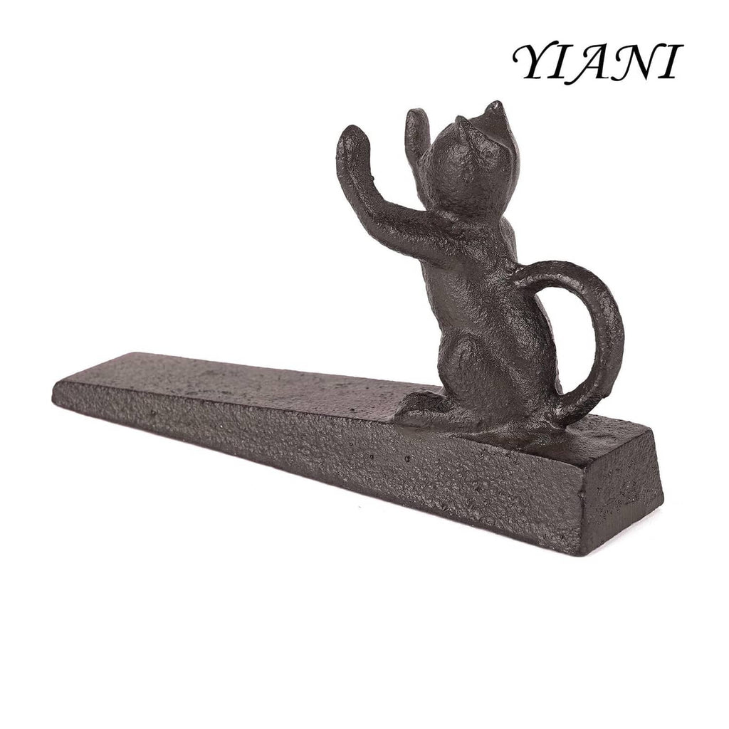 Freestanding cast iron cat door stopper, dark gray, curled tail and arched ears