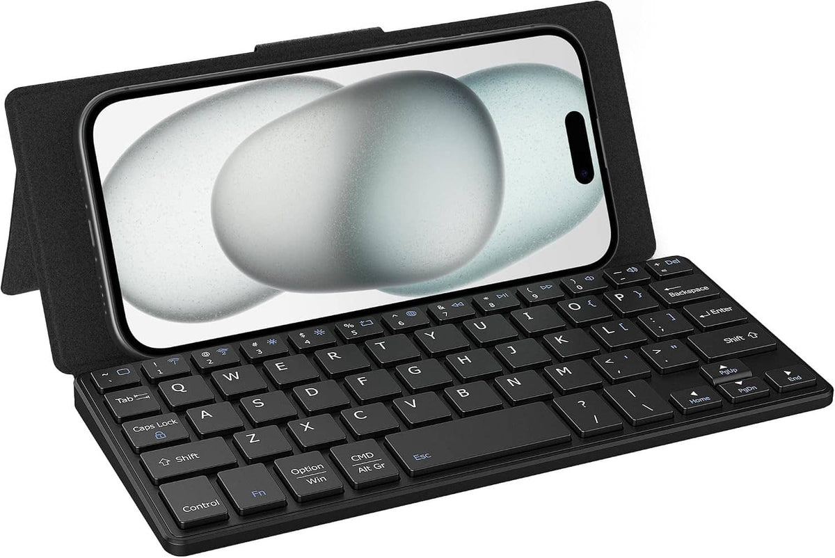 Foldable wireless mini keyboard with phone stand, black keys and adjustable bracket