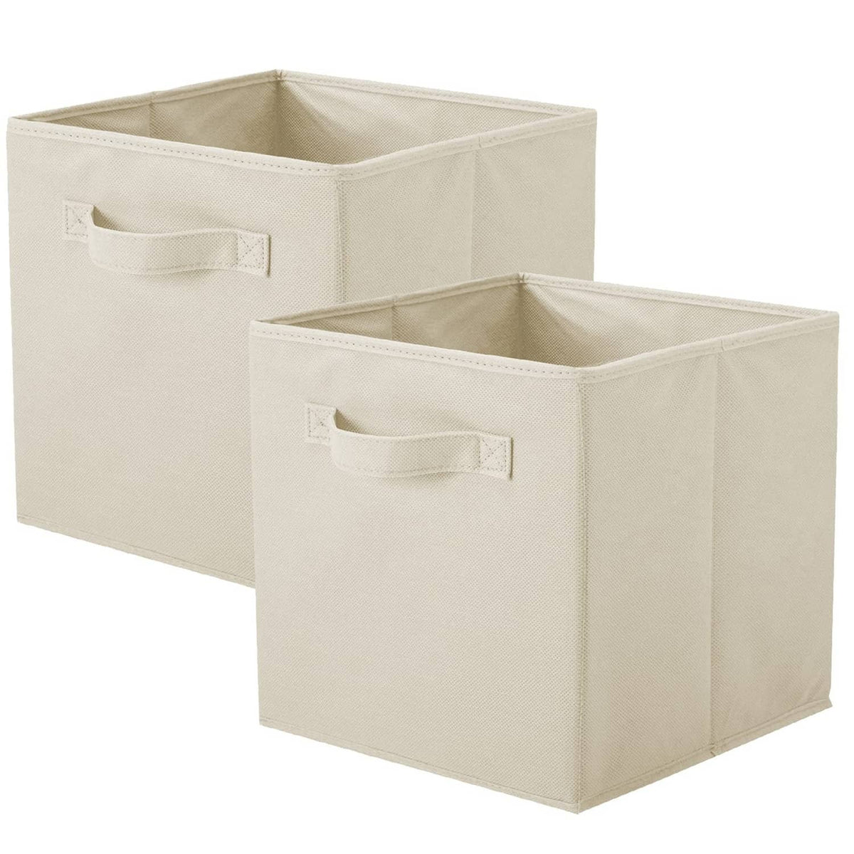 Pair of beige foldable fabric storage cubes with front cutout handles