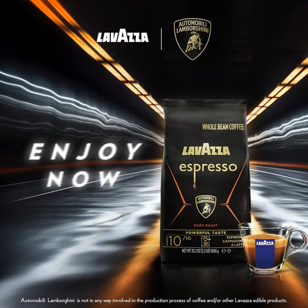 Espresso whole bean coffee pouch with dark roast label and Automobili Lamborghini badge
