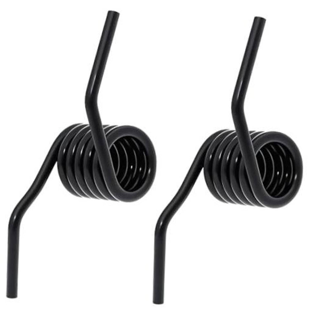 Pair of black steel jack return springs with two curved legs and coil coils