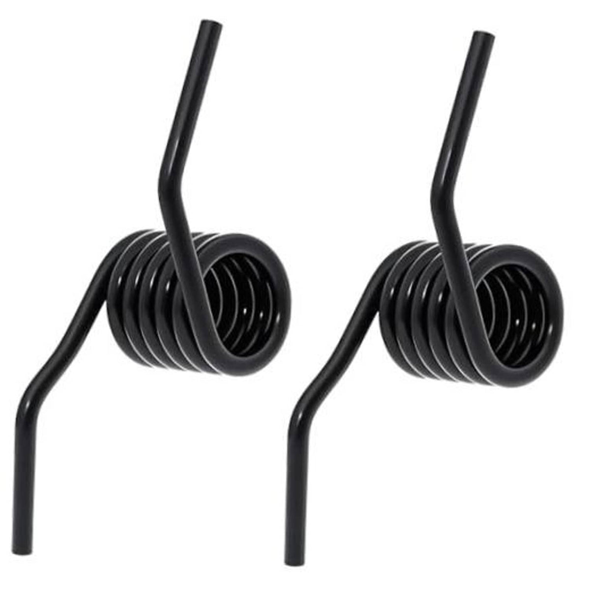 Pair of black steel jack return springs with two curved legs and coil coils