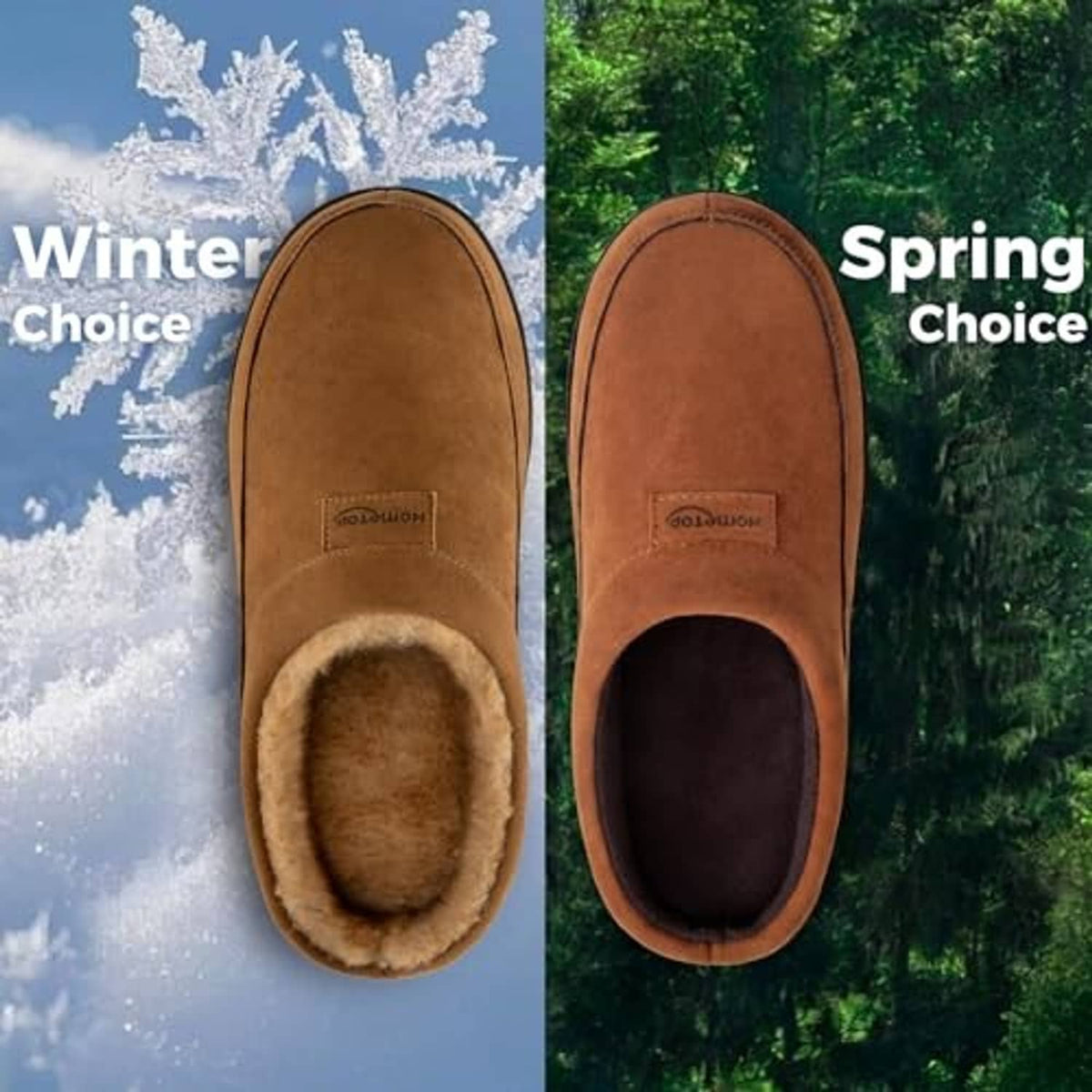 Tan moccasin slippers with thick faux-fur lining, open heel and visible stitching