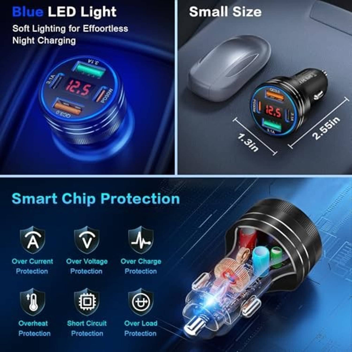 Compact black car USB-C charger with blue LED display and protective charging circuitry