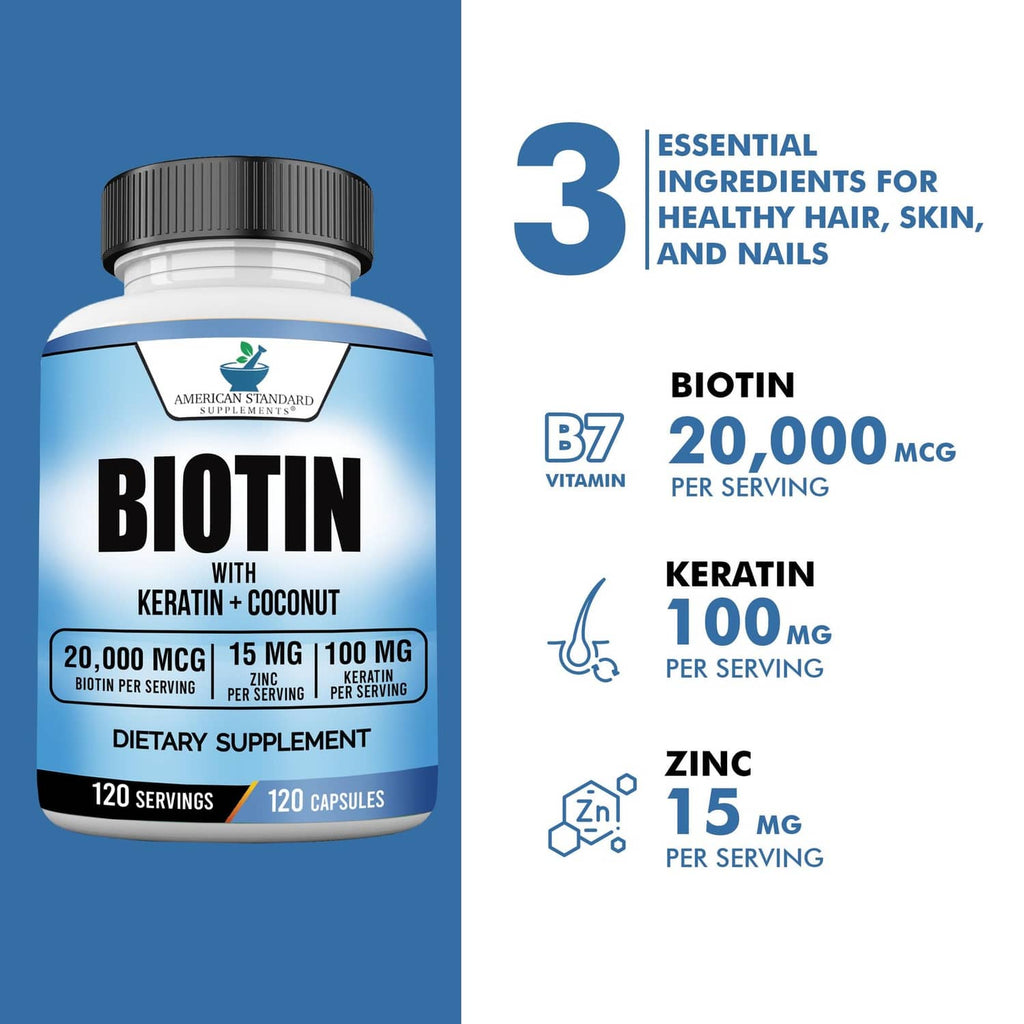 Biotin supplement bottle featuring essential ingredients for hair, skin, and nails