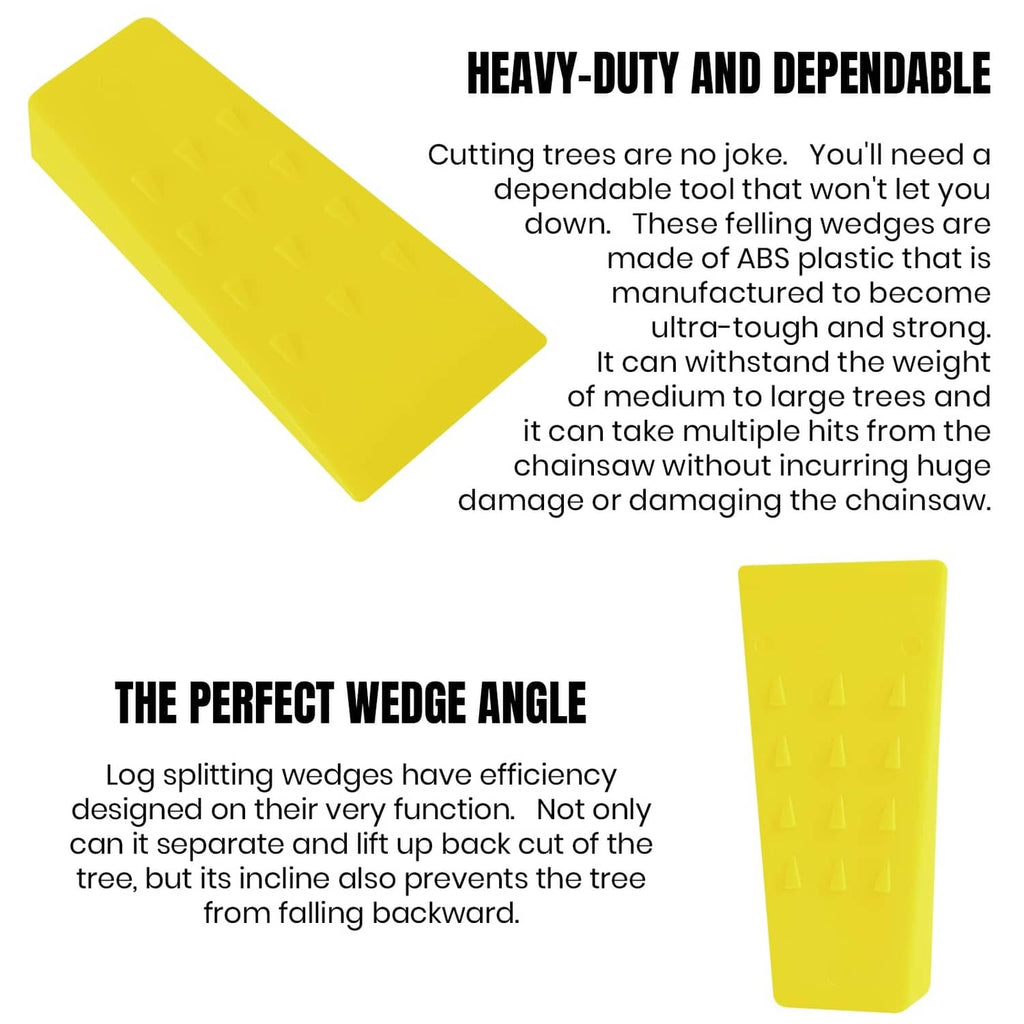 Yellow tree felling wedges with spike teeth, angled wedge design