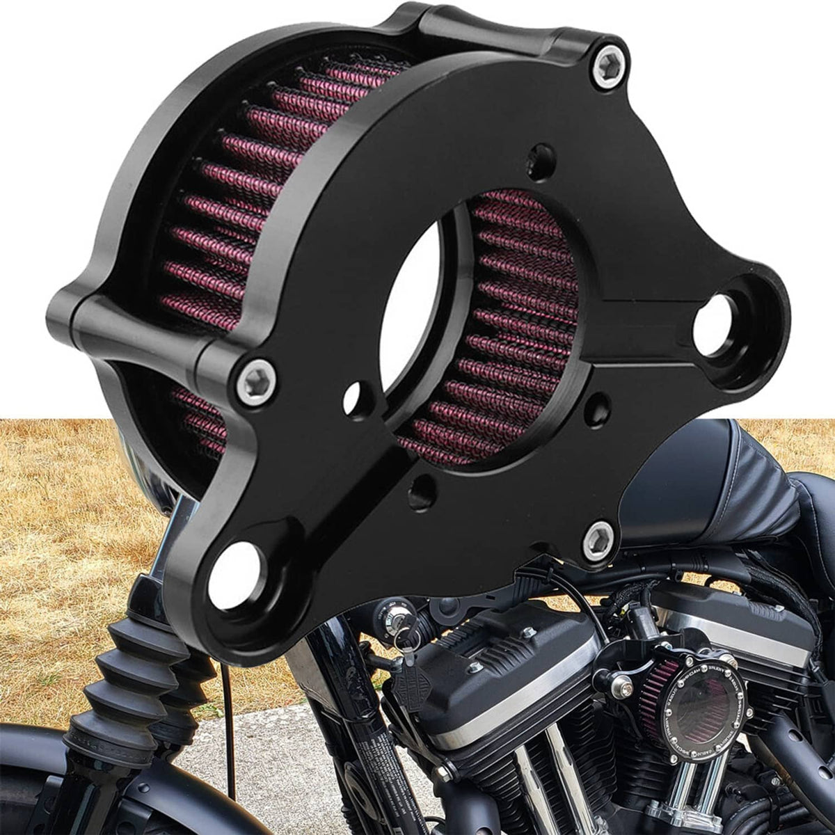 Air cleaner intake filter kit with black bracket and red pleated air filter element