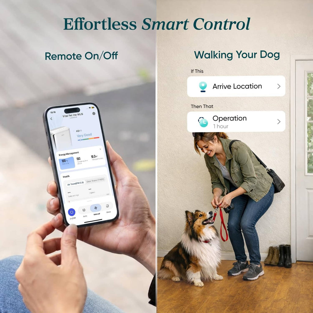 White LEVOIT air purifier with smartphone app smart control shown on screen.