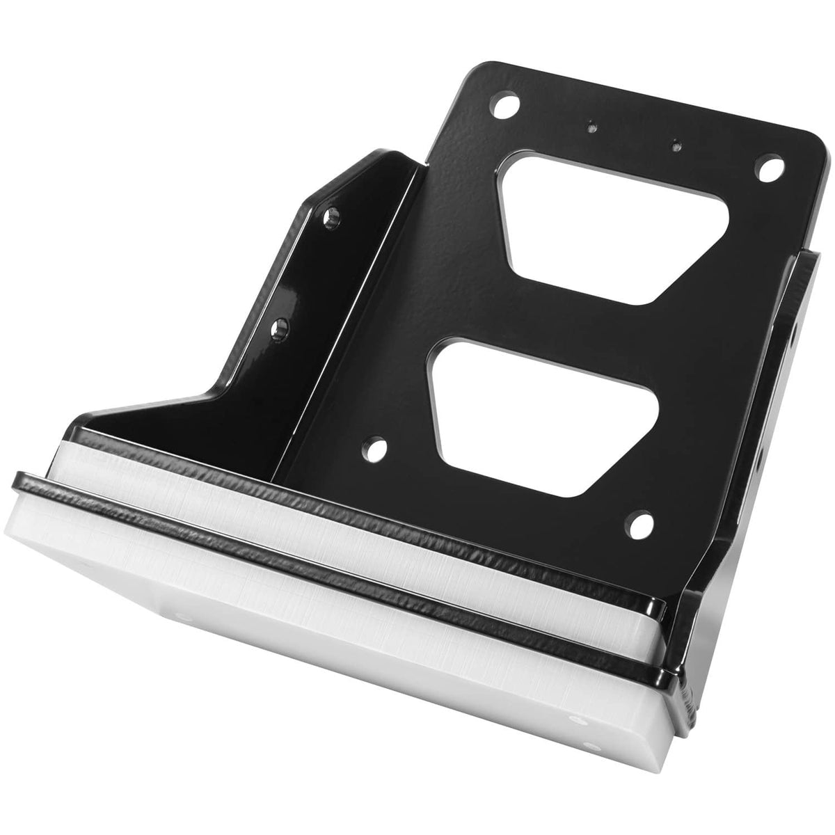 Black transom trolling motor mount with silver trim edge and two cutout windows