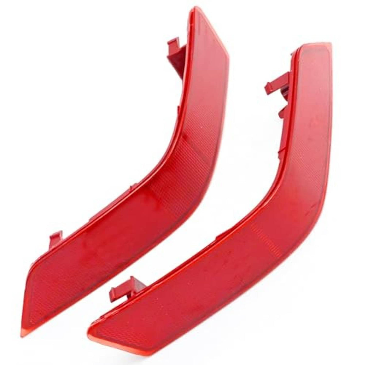 Red curved rear bumper reflector with textured lens surface and side mounting clips
