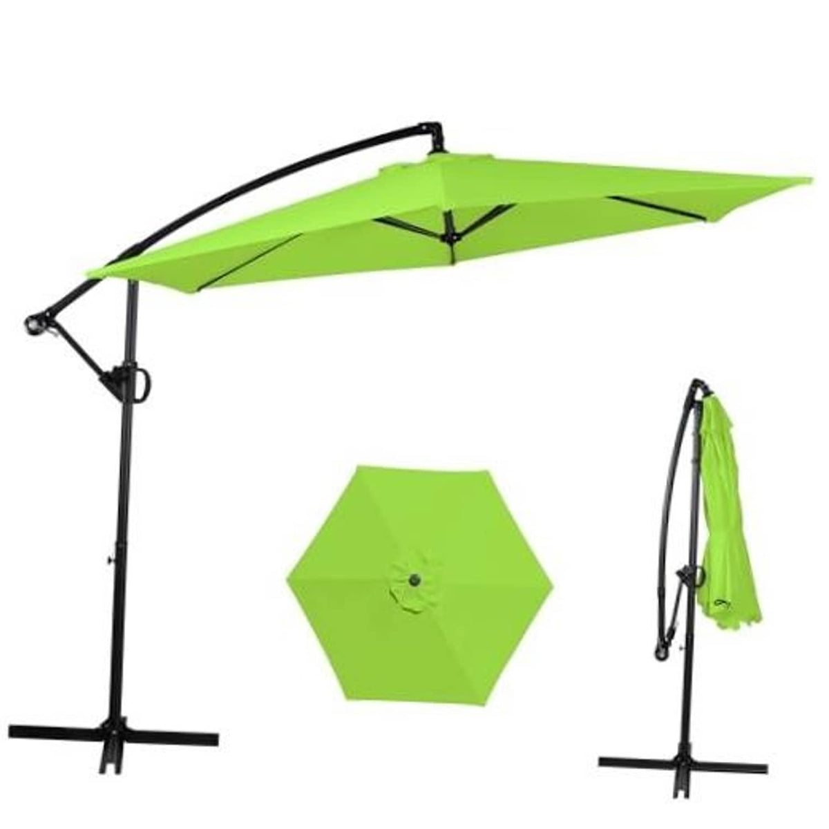 Olive offset patio umbrella with crank and cross base, open green canopy