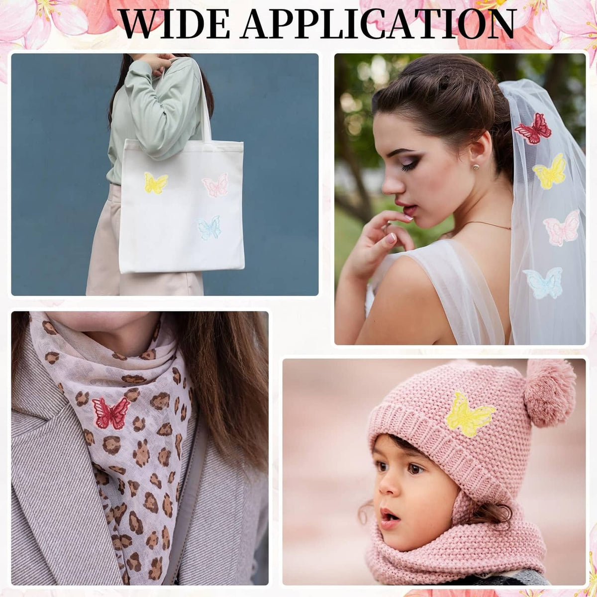 Butterfly appliques on a tote bag, clothing, and a baby knit hat