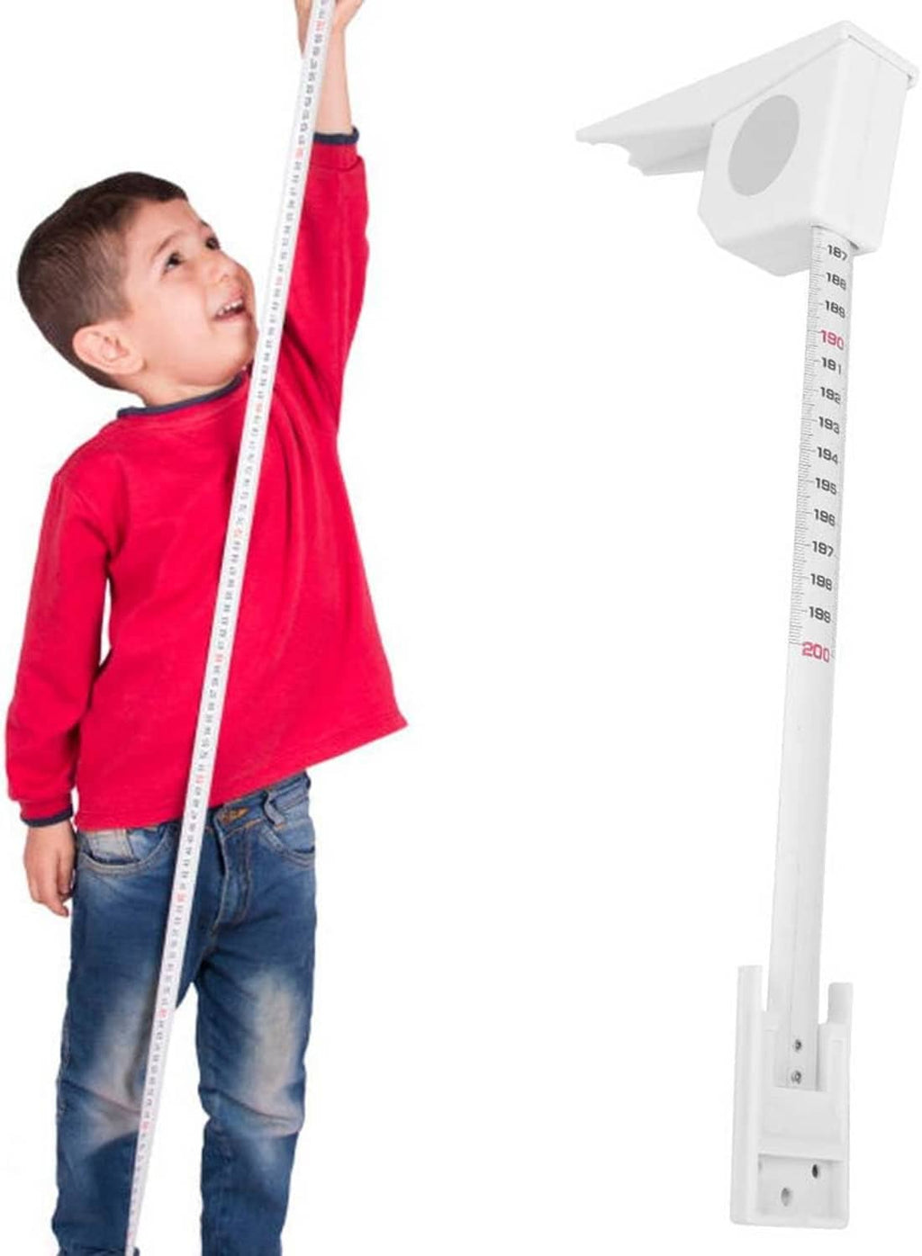 Retractable height meter with extended white measuring tape and wall bracket