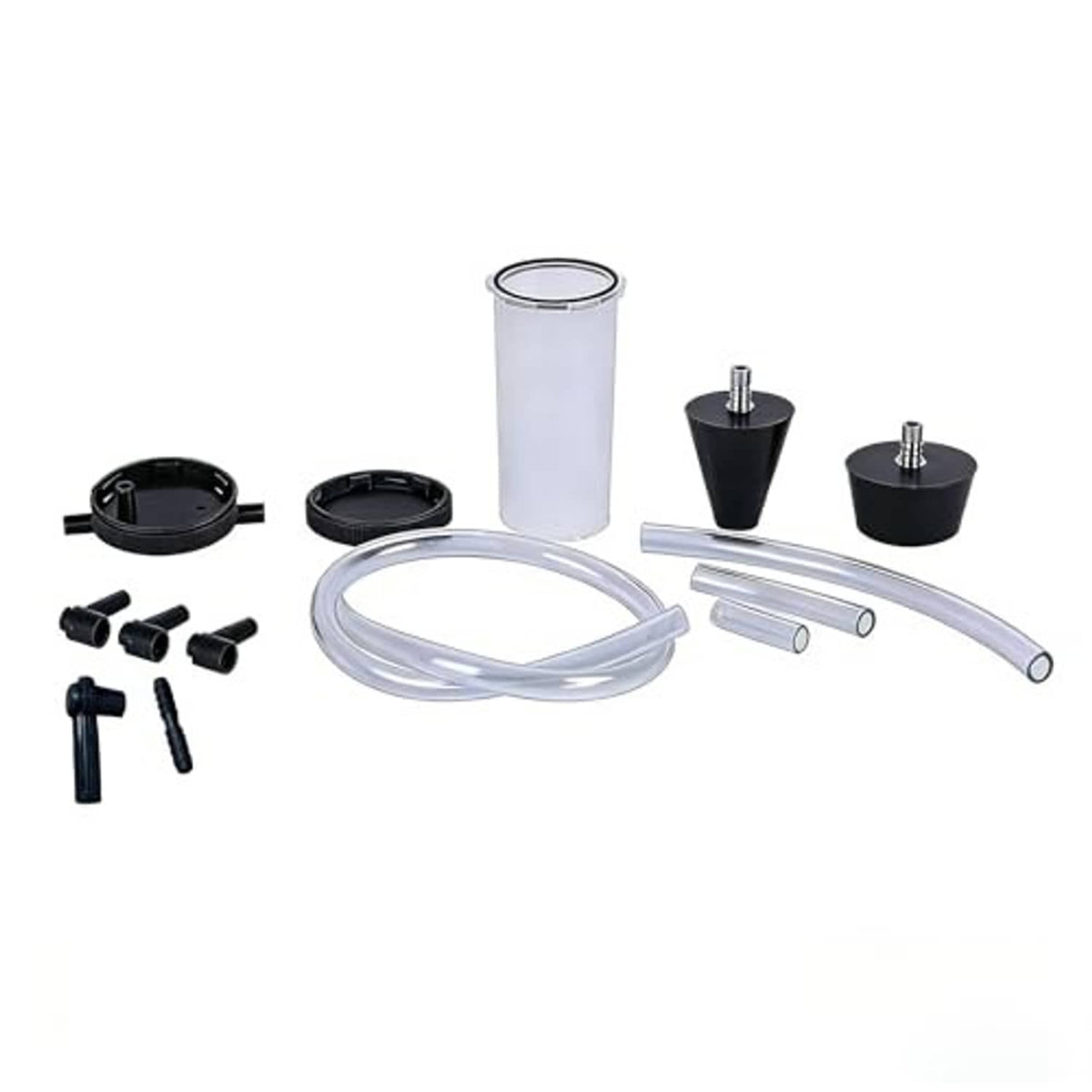 Brake bleeding adapter kit set with clear hose, fluid cup, and black adapter cones
