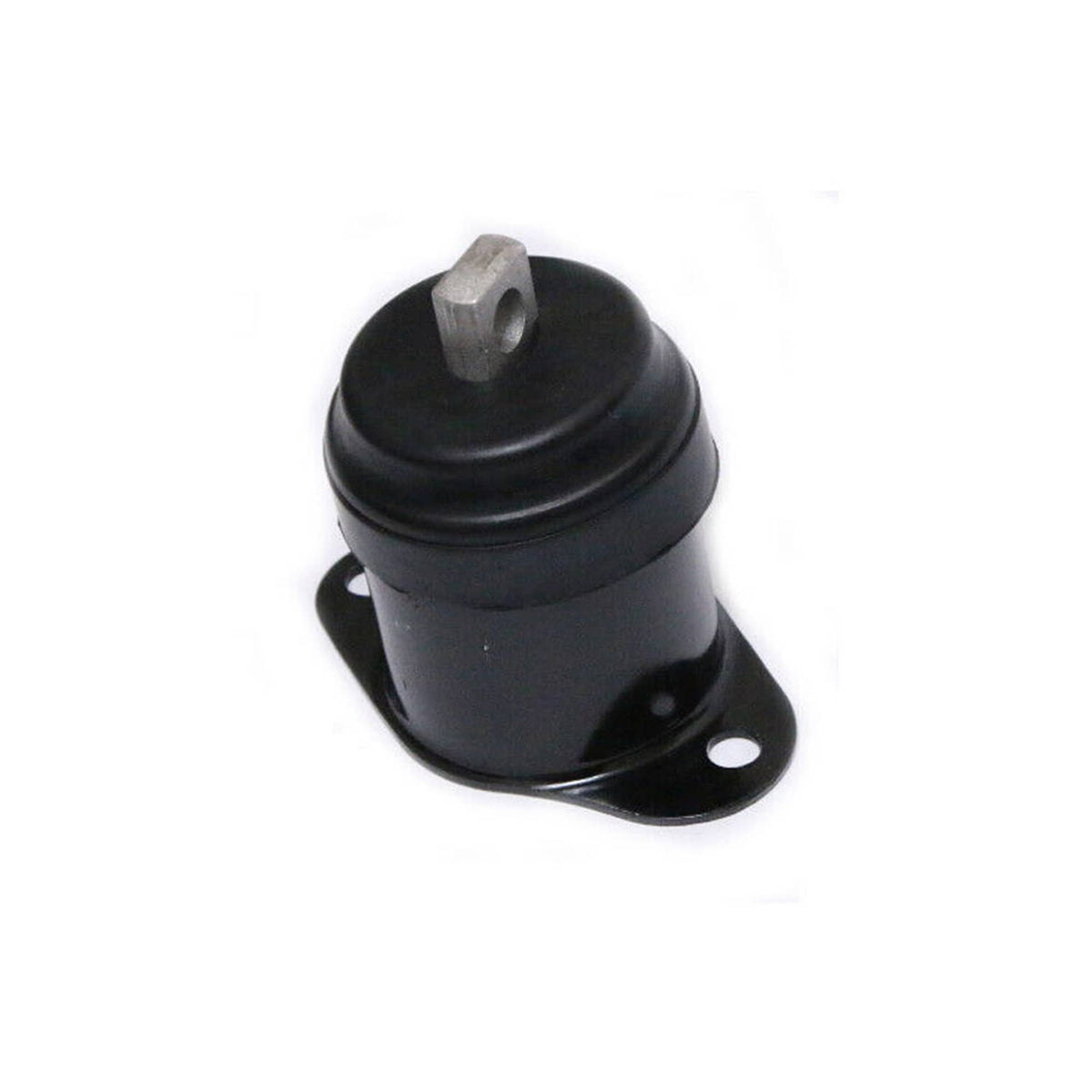 Black engine motor mount with rubber insulator and flanged mounting bracket