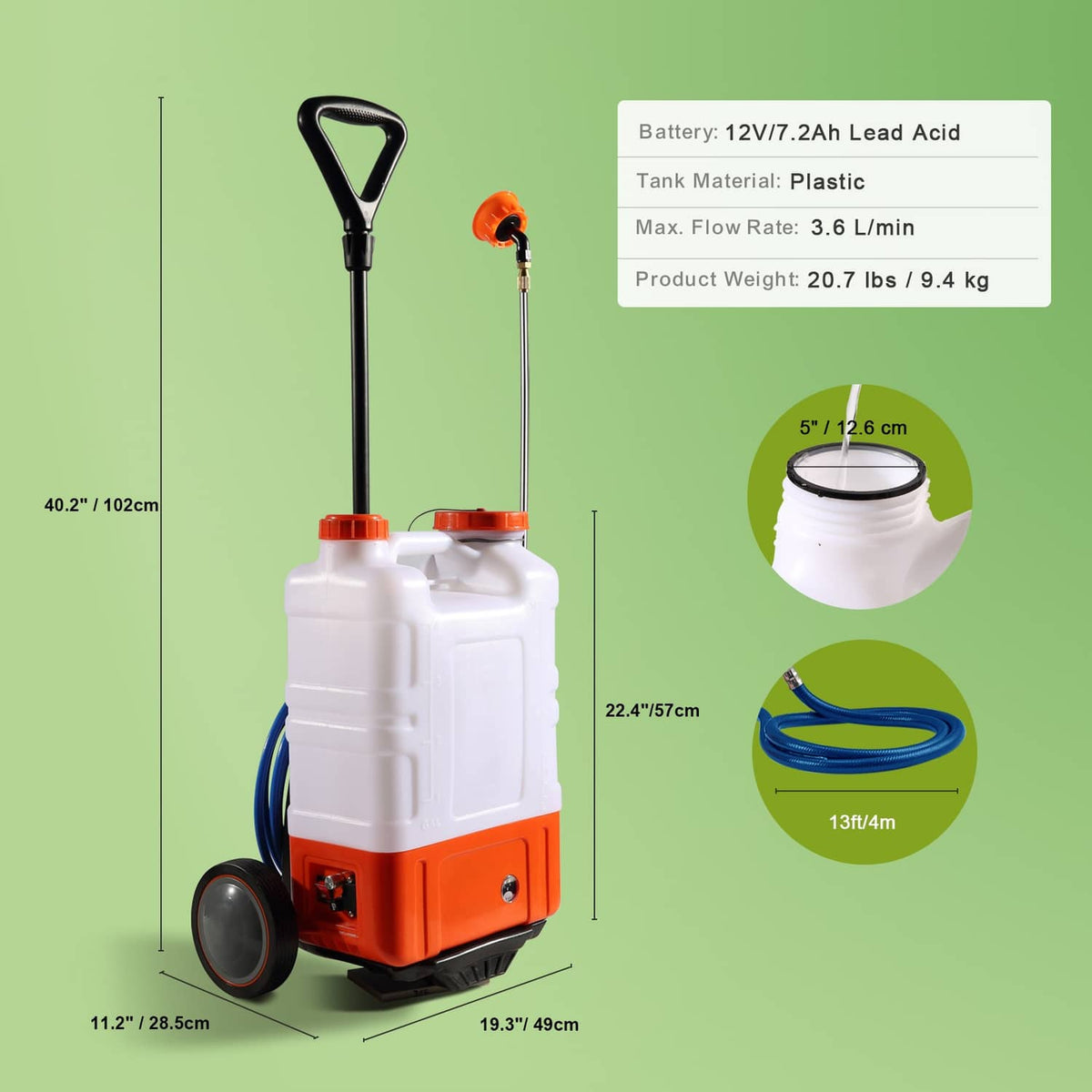 Wheeled battery sprayer with tall black handle, white twin tanks, blue hose, and orange base