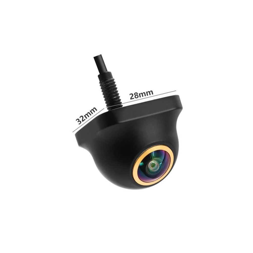 Black dome backup camera with rainbow lens ring and 32mm/28mm size labels