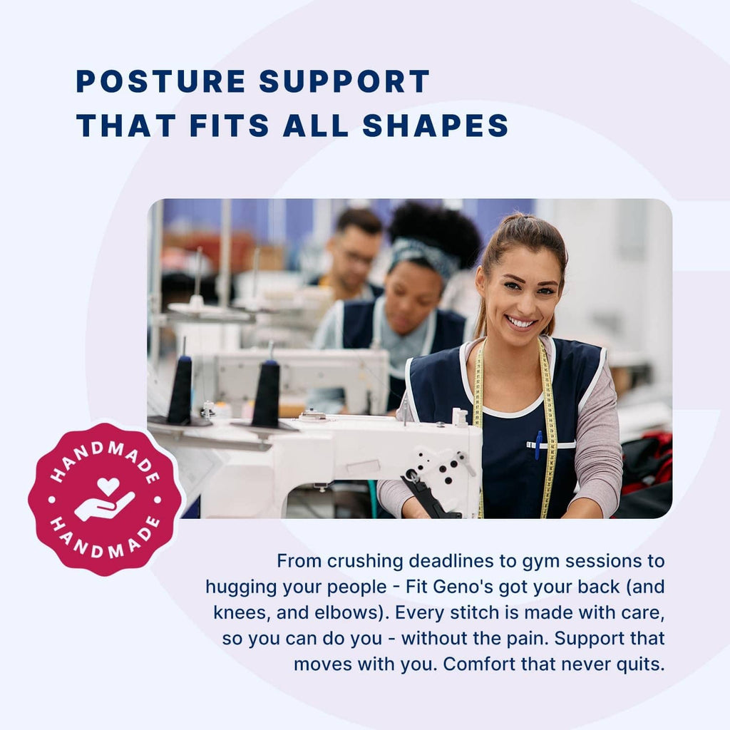 Black posture support brace on a woman wearing work clothes with supportive fit panel