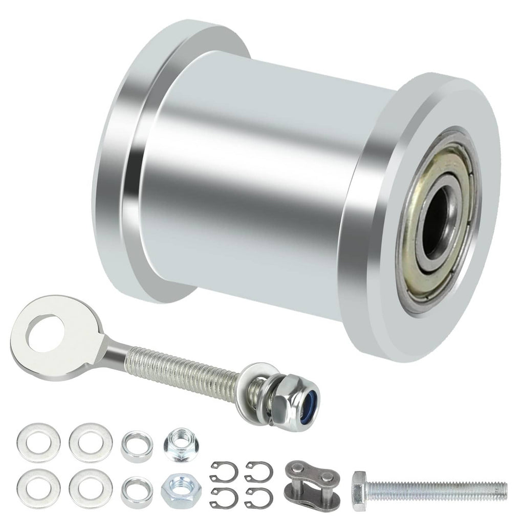 Mini bike chain tensioner with roller bearing, threaded adjuster rod, washers and nut