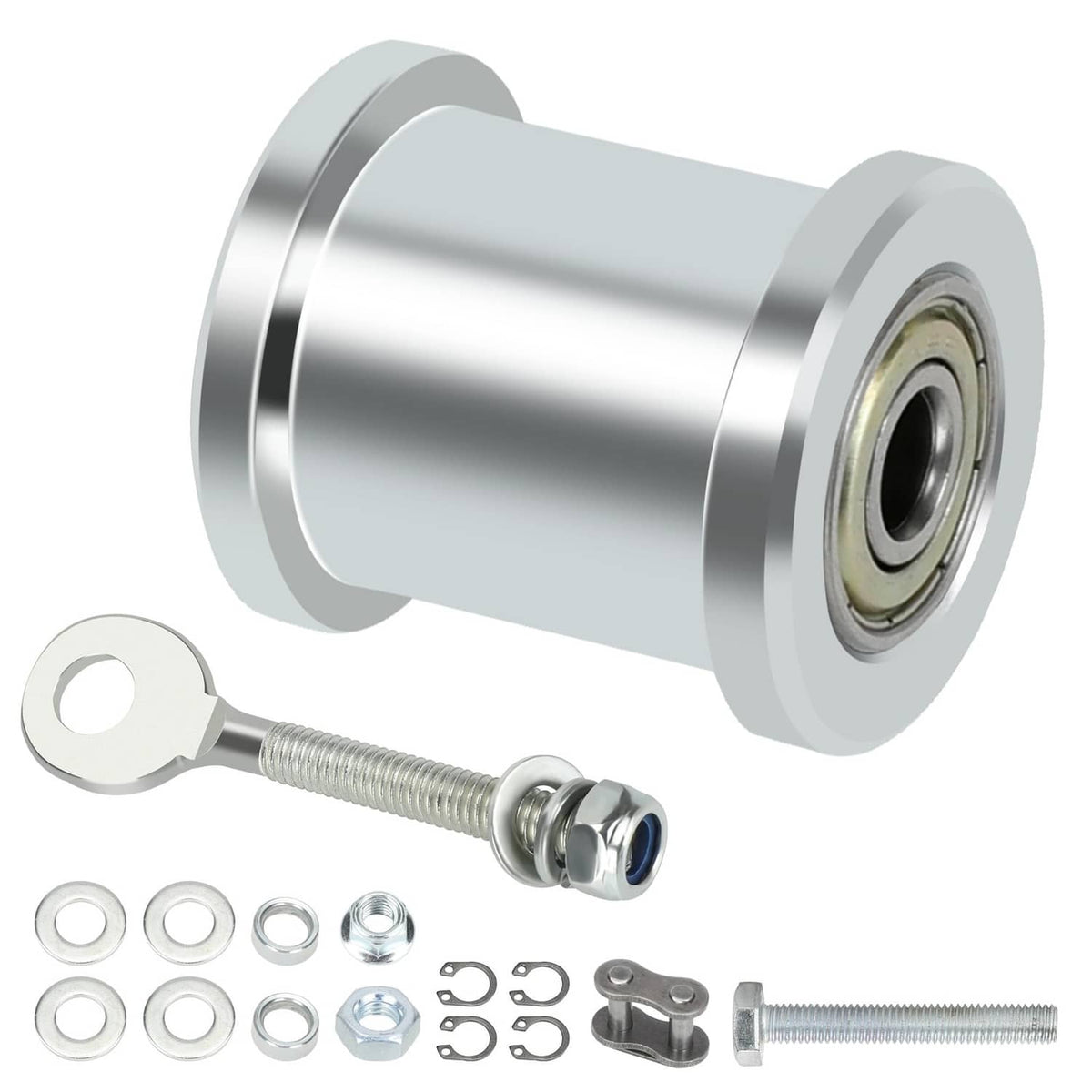 Mini bike chain tensioner with roller bearing, threaded adjuster rod, washers and nut
