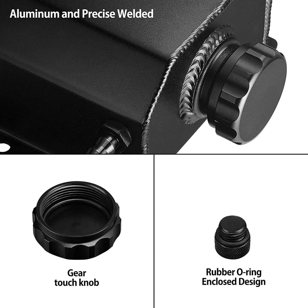 Aluminum coolant overflow tank with O-ring enclosure and threaded drain opening detail