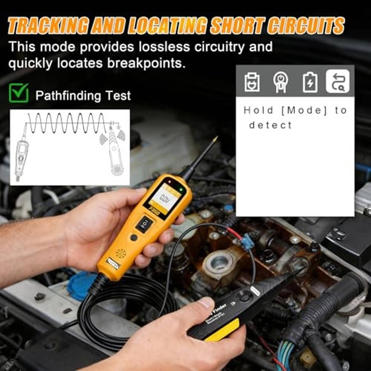 Handheld power probe tester in use, yellow meter with attached leads and cable