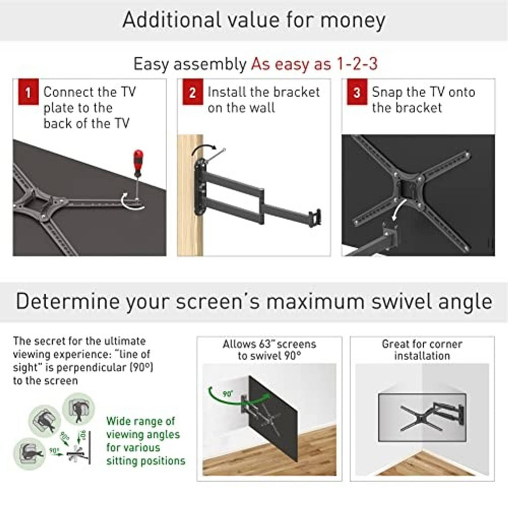 Full-motion TV wall mount bracket with adjustable arm and snap-on mounting plate