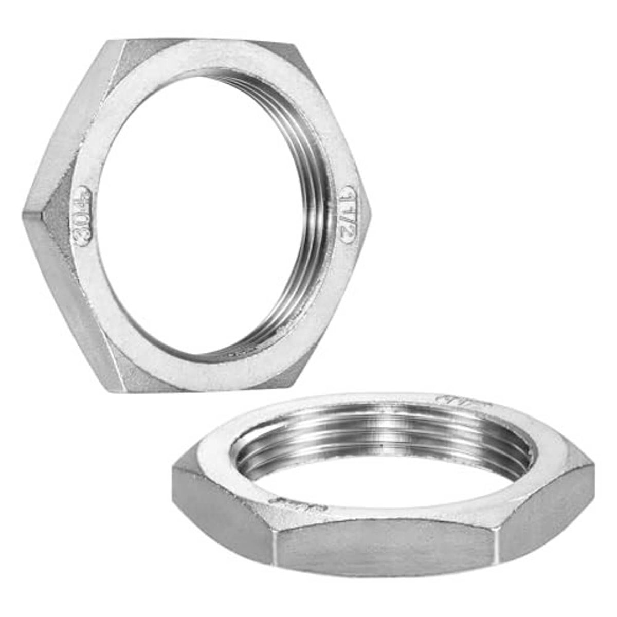 Stainless steel hex locknut with female threads, close-up of hex head and threading