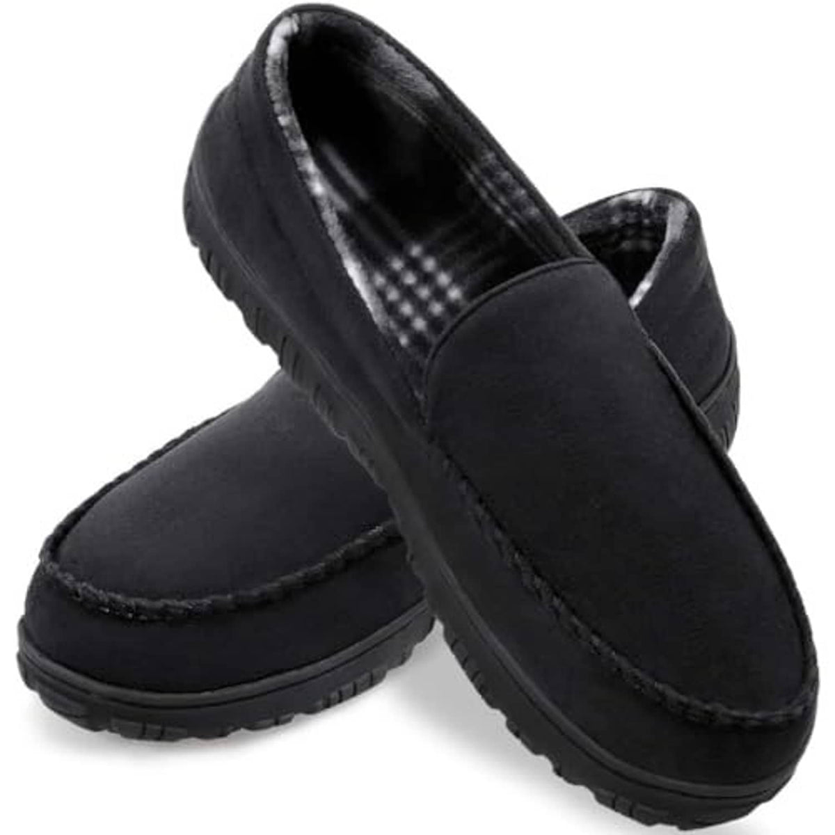 Pair of black men's moccasin house slippers with cushioned lining and rubber outsole.