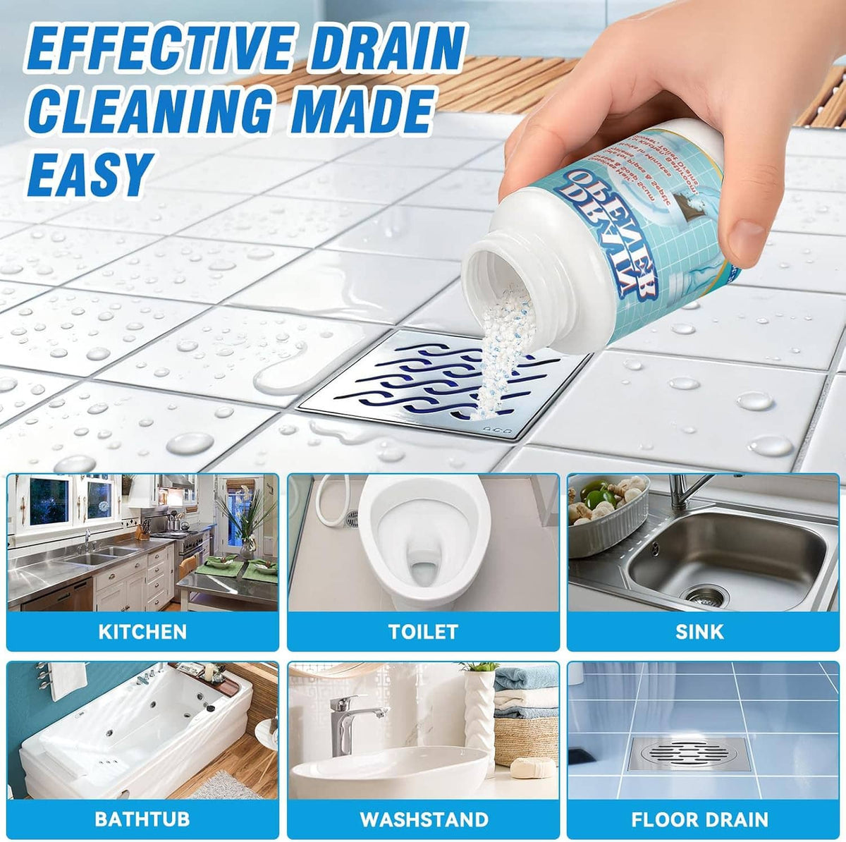 Drain cleaner bottle pouring onto shower floor drain on white tile, with water splash