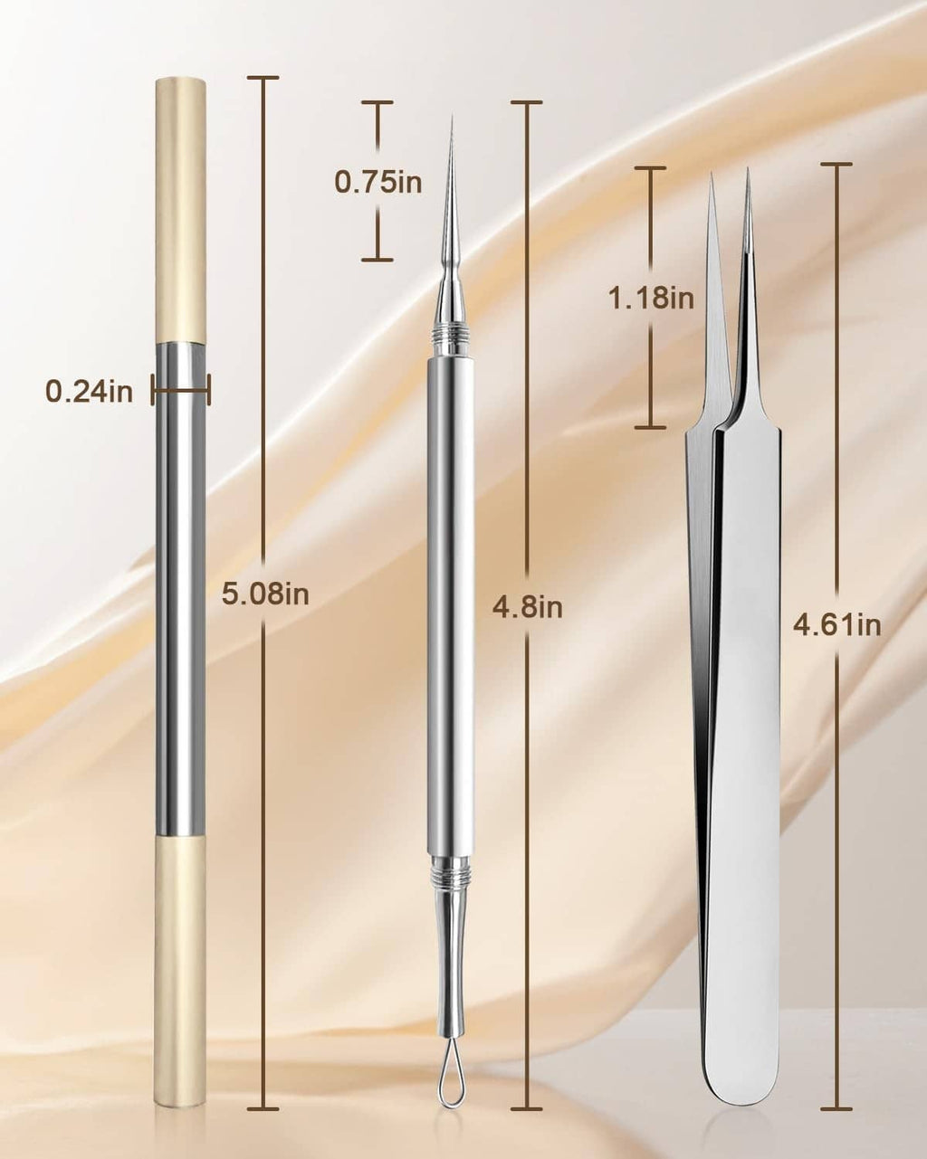 Facial extraction tool set with length measurements for slim rod and tweezer tips