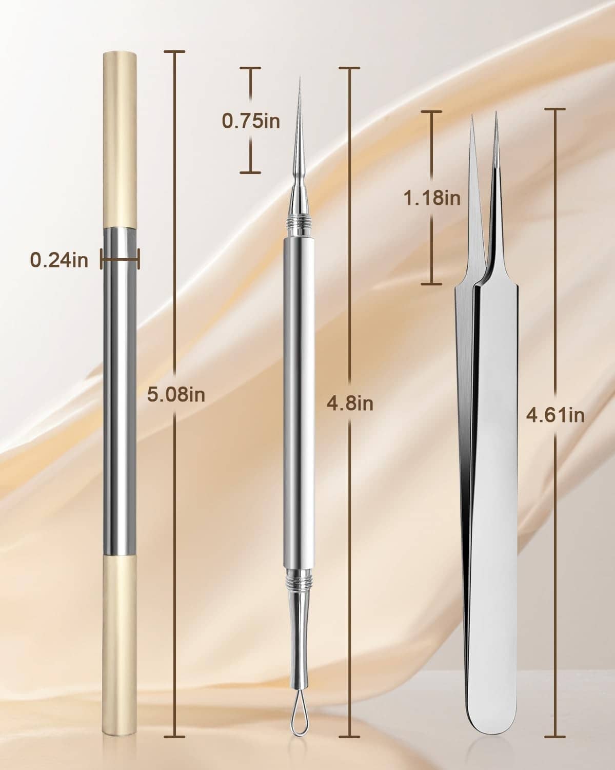 Facial extraction tool set with length measurements for slim rod and tweezer tips