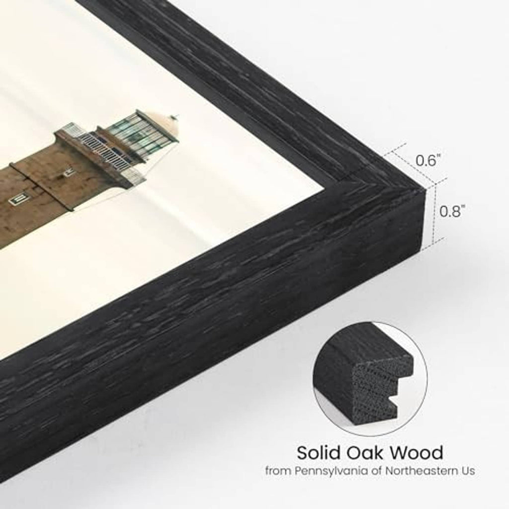 Black solid oak wood picture frame, slim edge profile with tempered glass