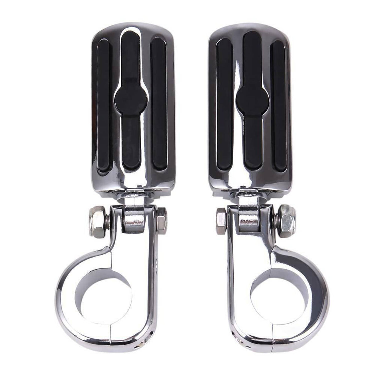 Set of two chrome highway foot pegs with black rubber pads and circular ring mounts