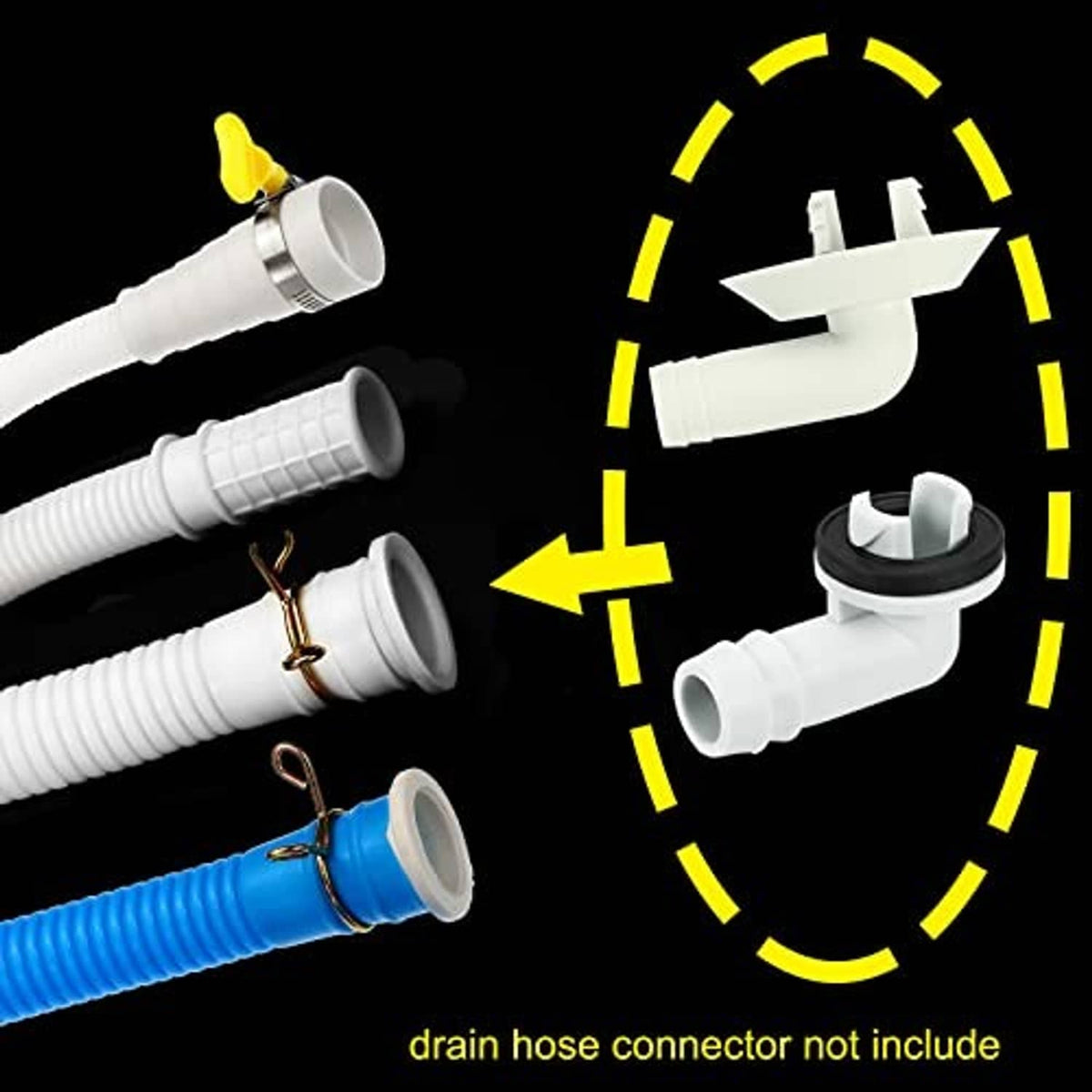 White AC drain hose with clamp and connector parts diagram, plus other fitting pieces