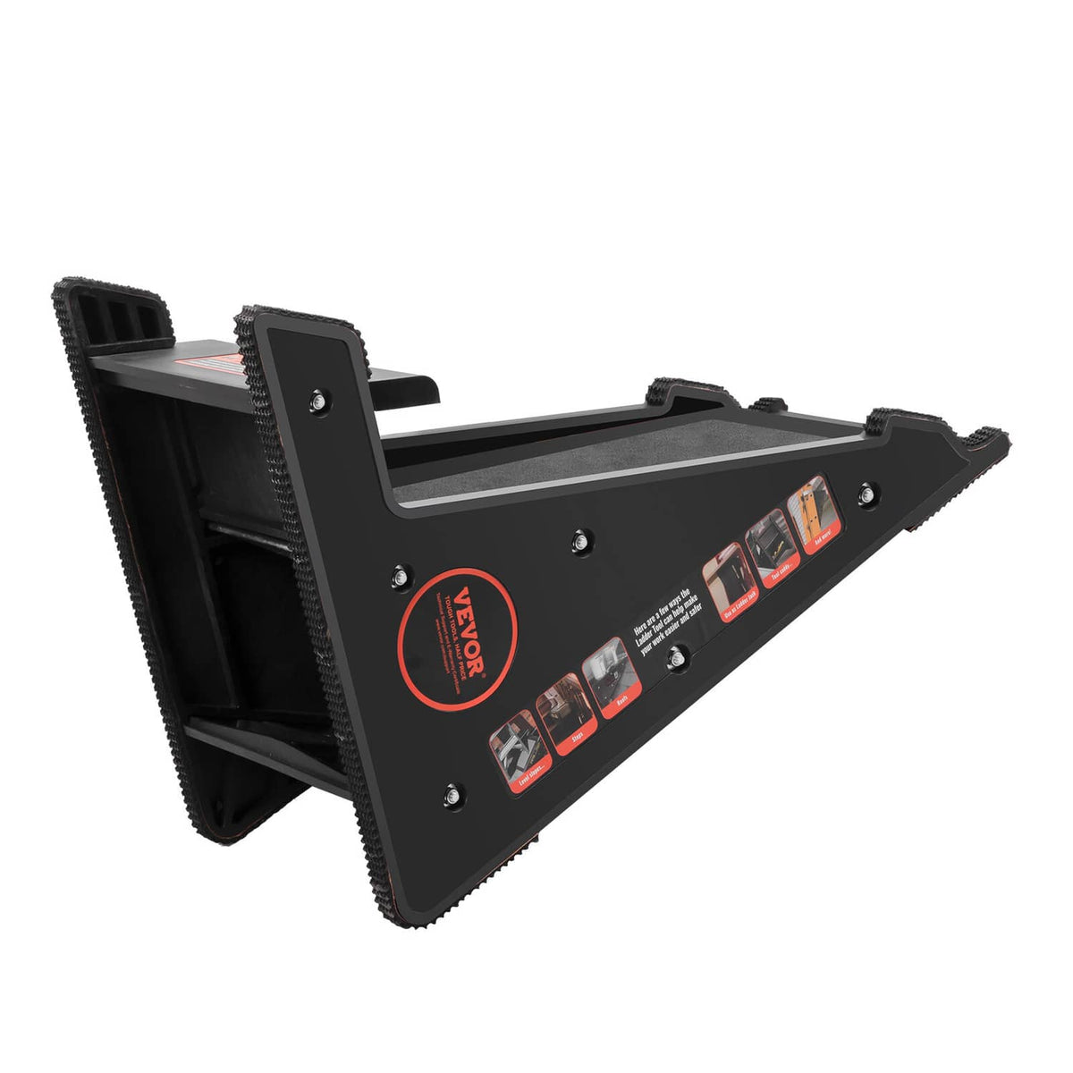 Black ladder leveling tool with metal plate and red warning graphics for uneven ground