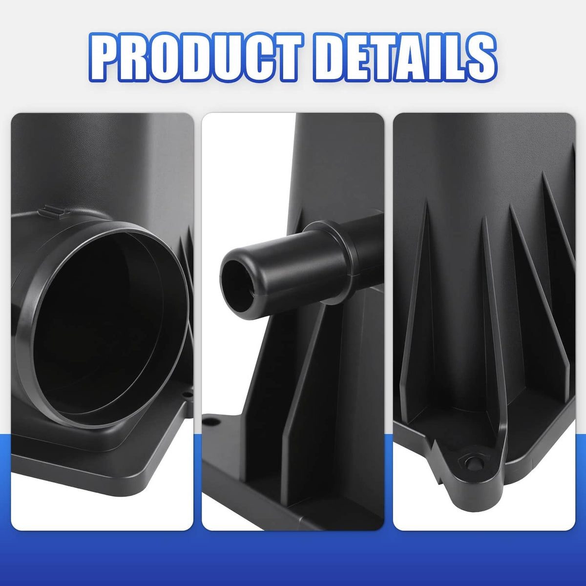 Black air filter housing details: round inlet, connector tube, and vent fins on side panels.