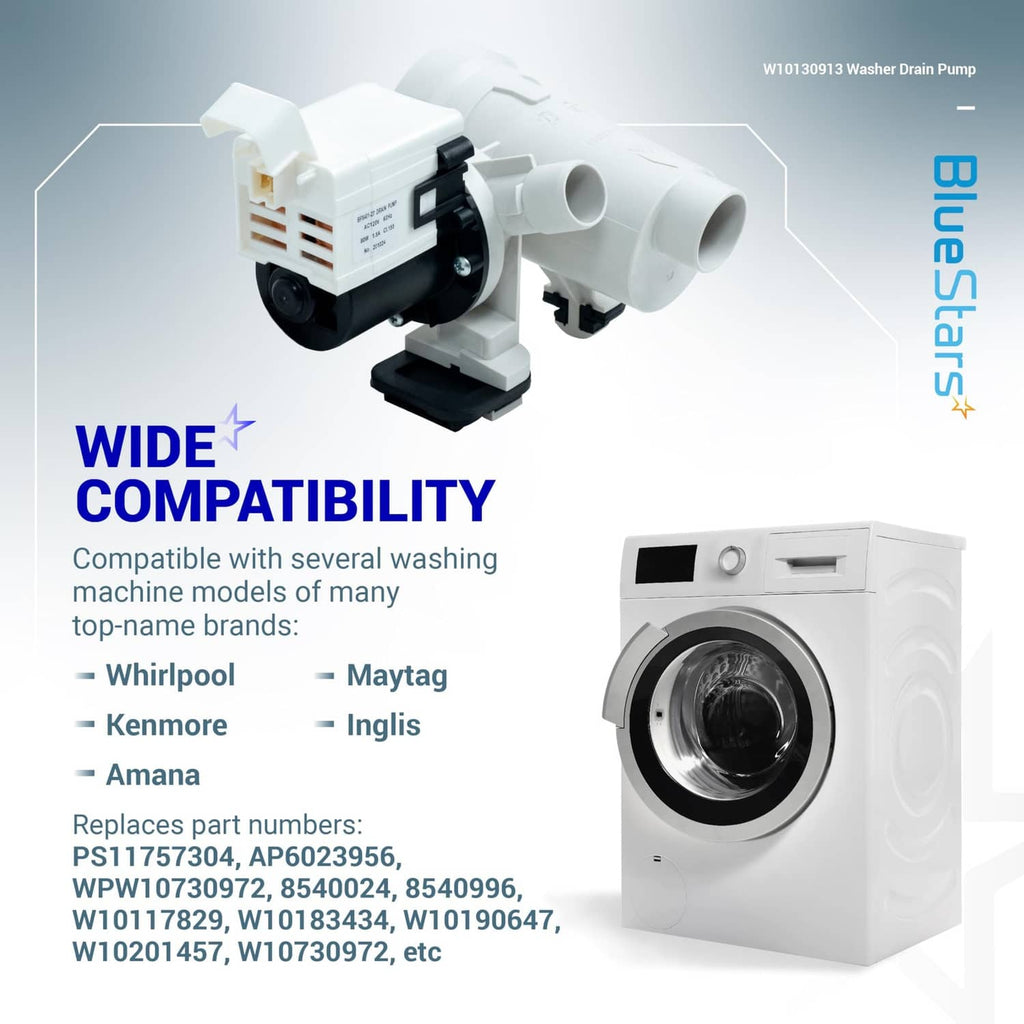Washer drain pump assembly with white plastic body, compatibility replacements shown
