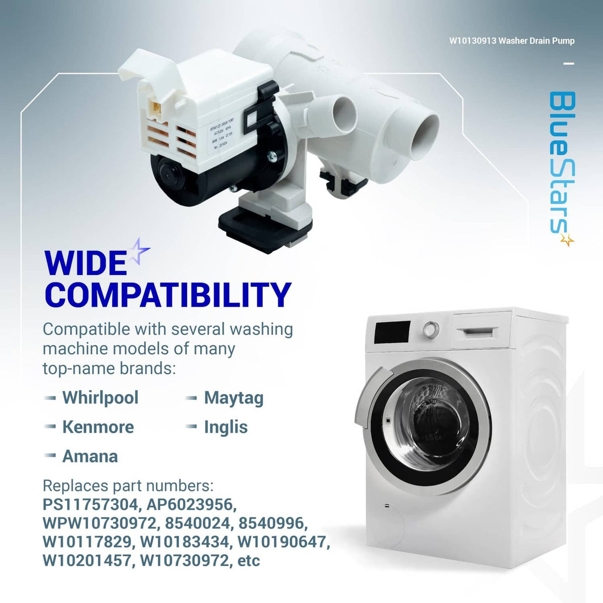 Washer drain pump assembly with white plastic body, compatibility replacements shown