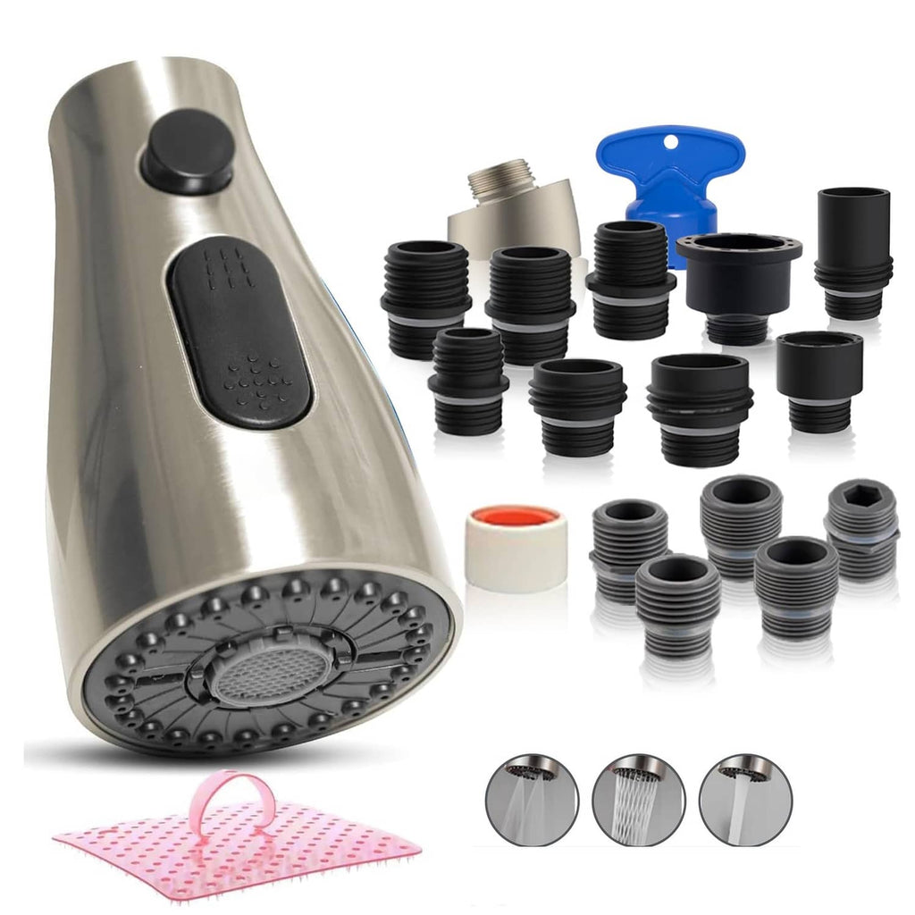 Brushed nickel pull-down kitchen faucet head sprayer with black control buttons