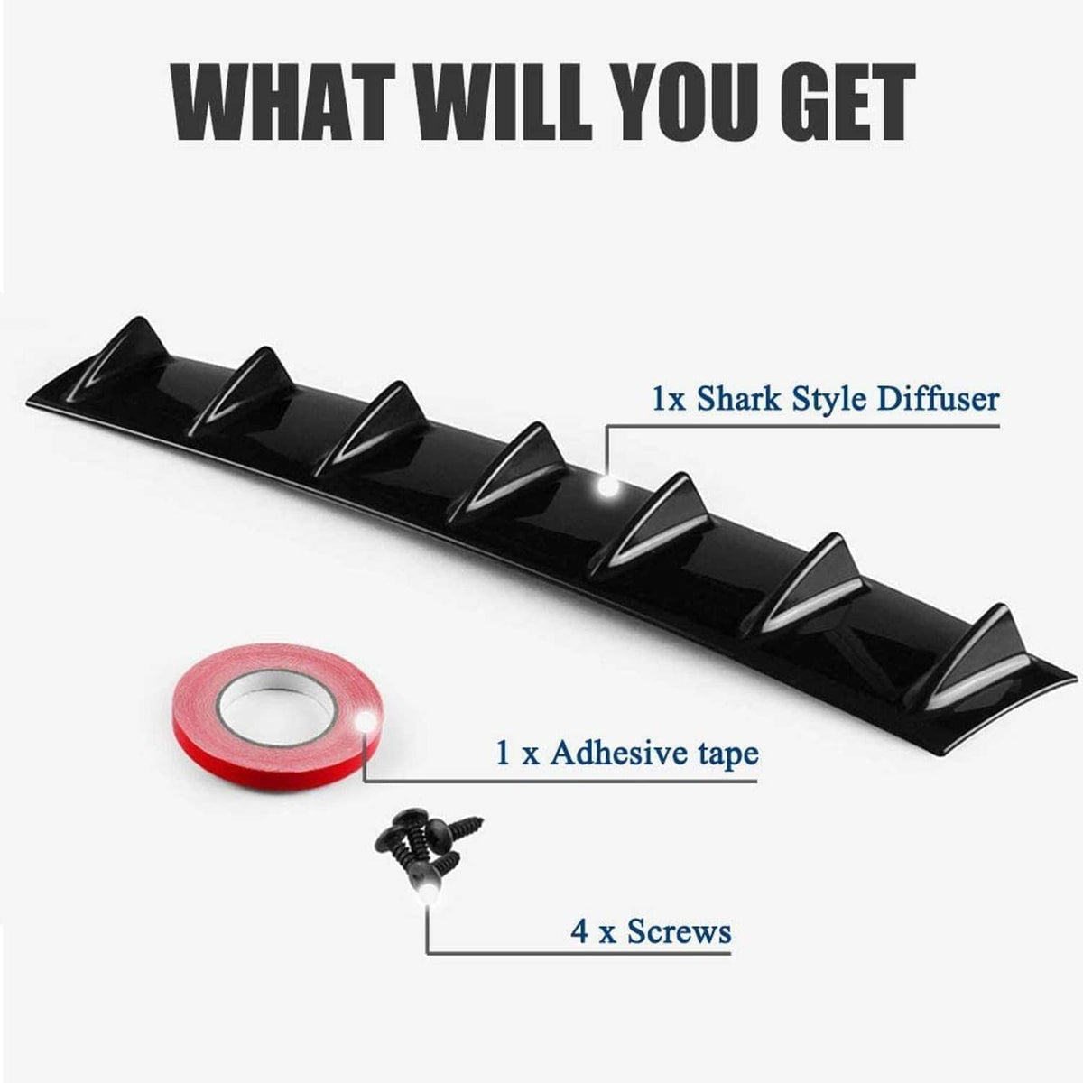 Shark-style rear bumper lip diffuser kit with adhesive tape and 4 screws