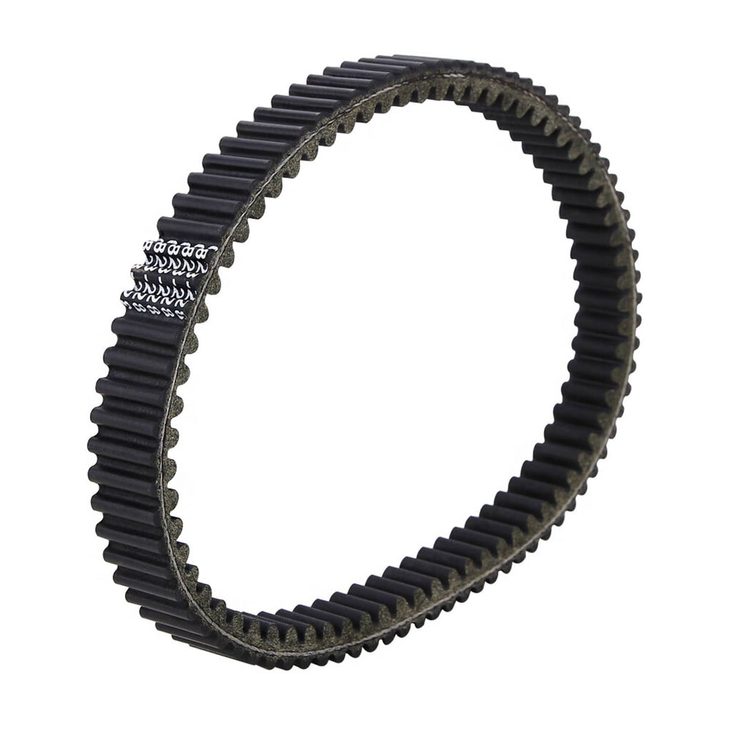 Black circular drive belt with ridged teeth and rough textured belt side edge.
