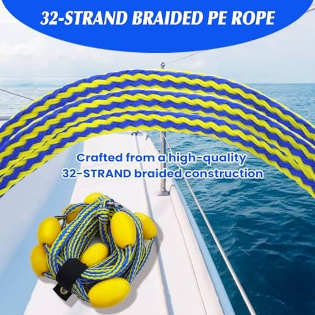 Blue-and-yellow braided rope with attached yellow float balls