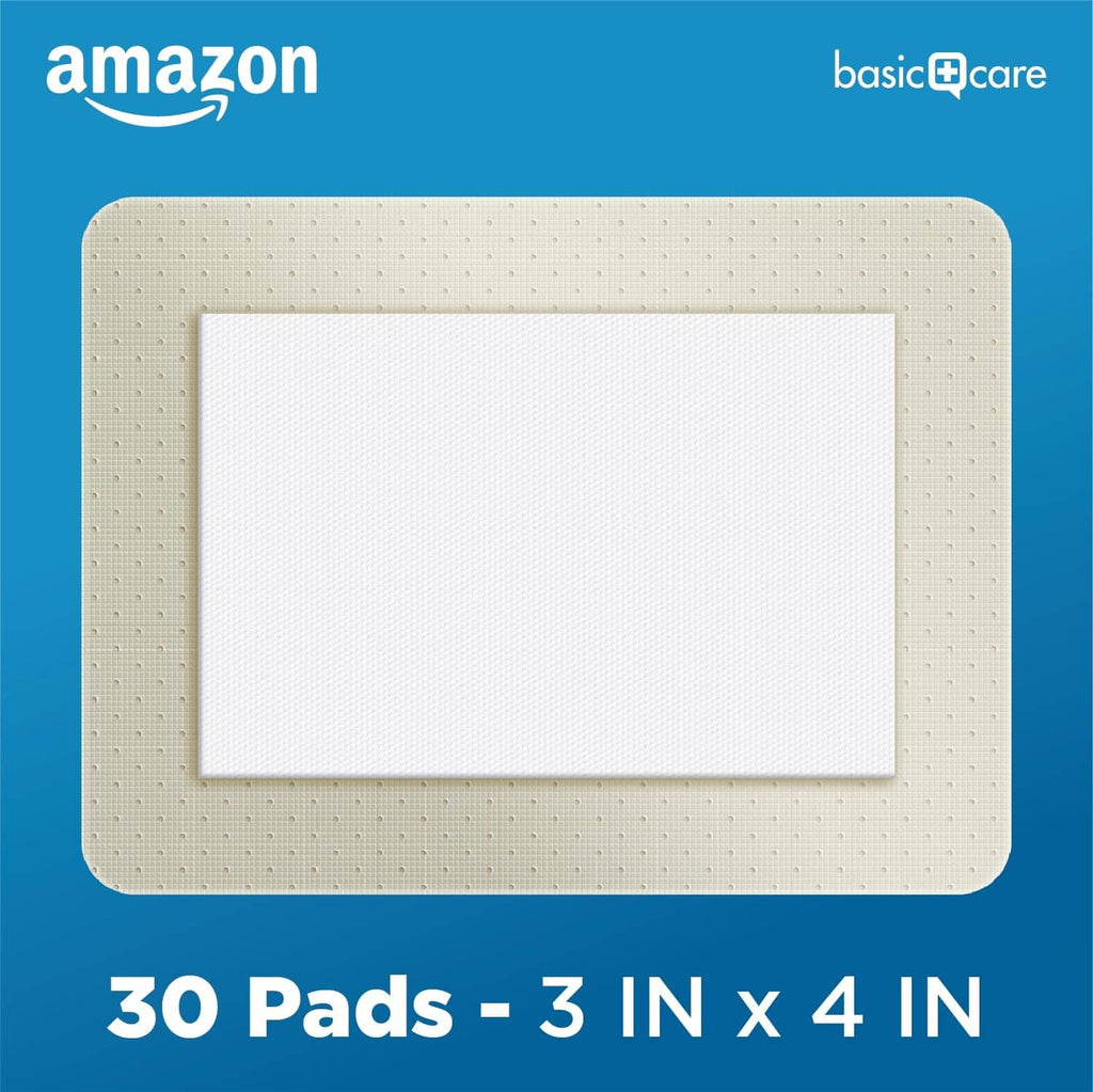 Rectangular sheer adhesive bandage pad with white non-stick center, 3 in x 4 in