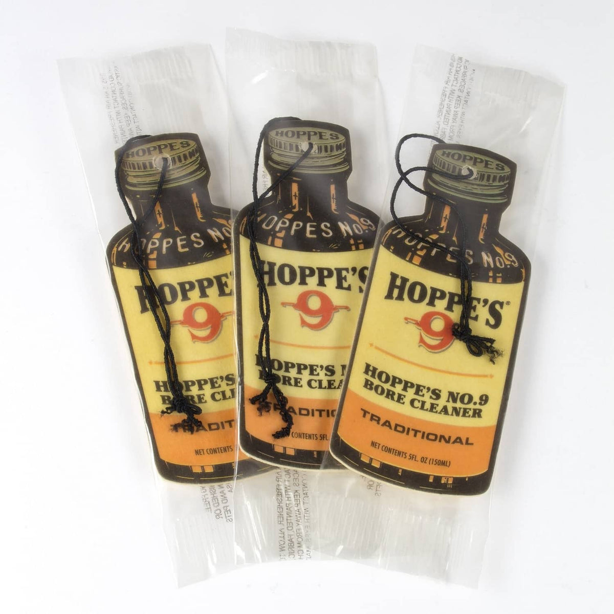 Pack of 3 Hoppe's No. 9 air freshener bottles in clear pouches, hanging loops