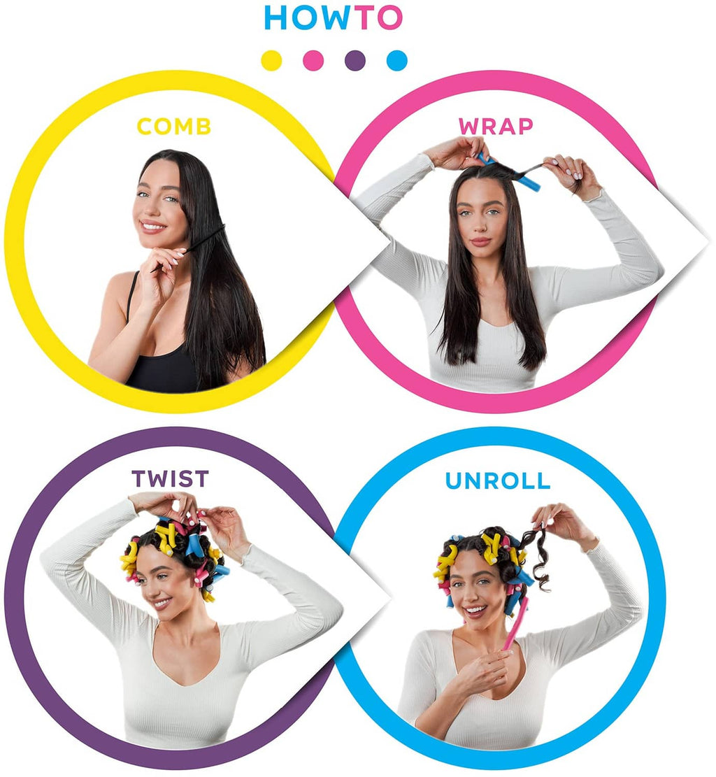 Heatless flexible hair rods showing comb, wrap, twist, and unroll steps